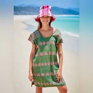 Pippa Holt Single panel mini kaftan in khaki green with pink design One Size